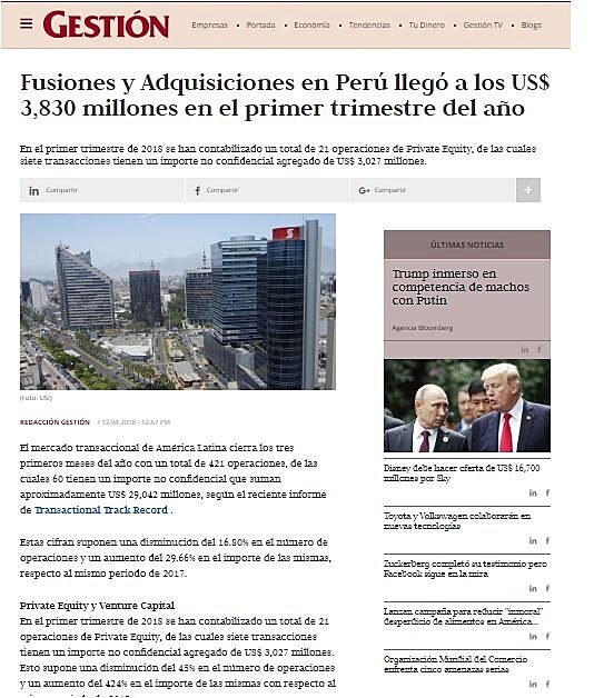 Fusiones y Adquisiciones en Per lleg a los US$ 3,830 millones en el primer trimestre del ao